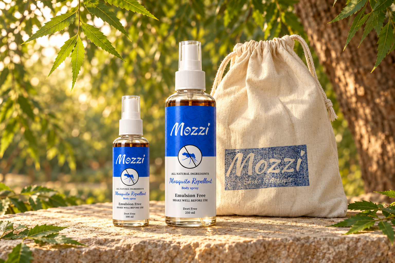 MOZZI Duo Pack with one 100 ml bottle, one 250 ml bottle and the MOZZI bag