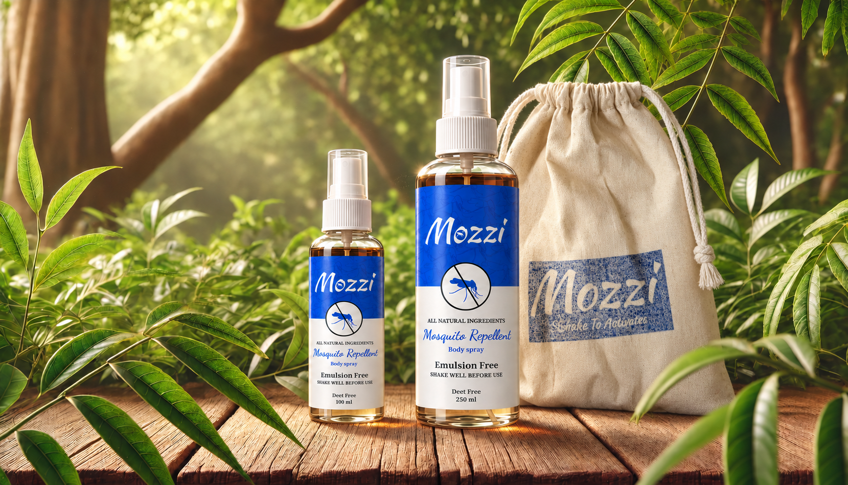 MOZZI Duo Pack and bag amongst green foliage