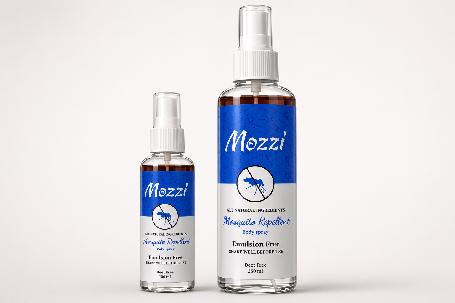 MOZZI 100 ml and 250 ml bottles in the original blue packaging