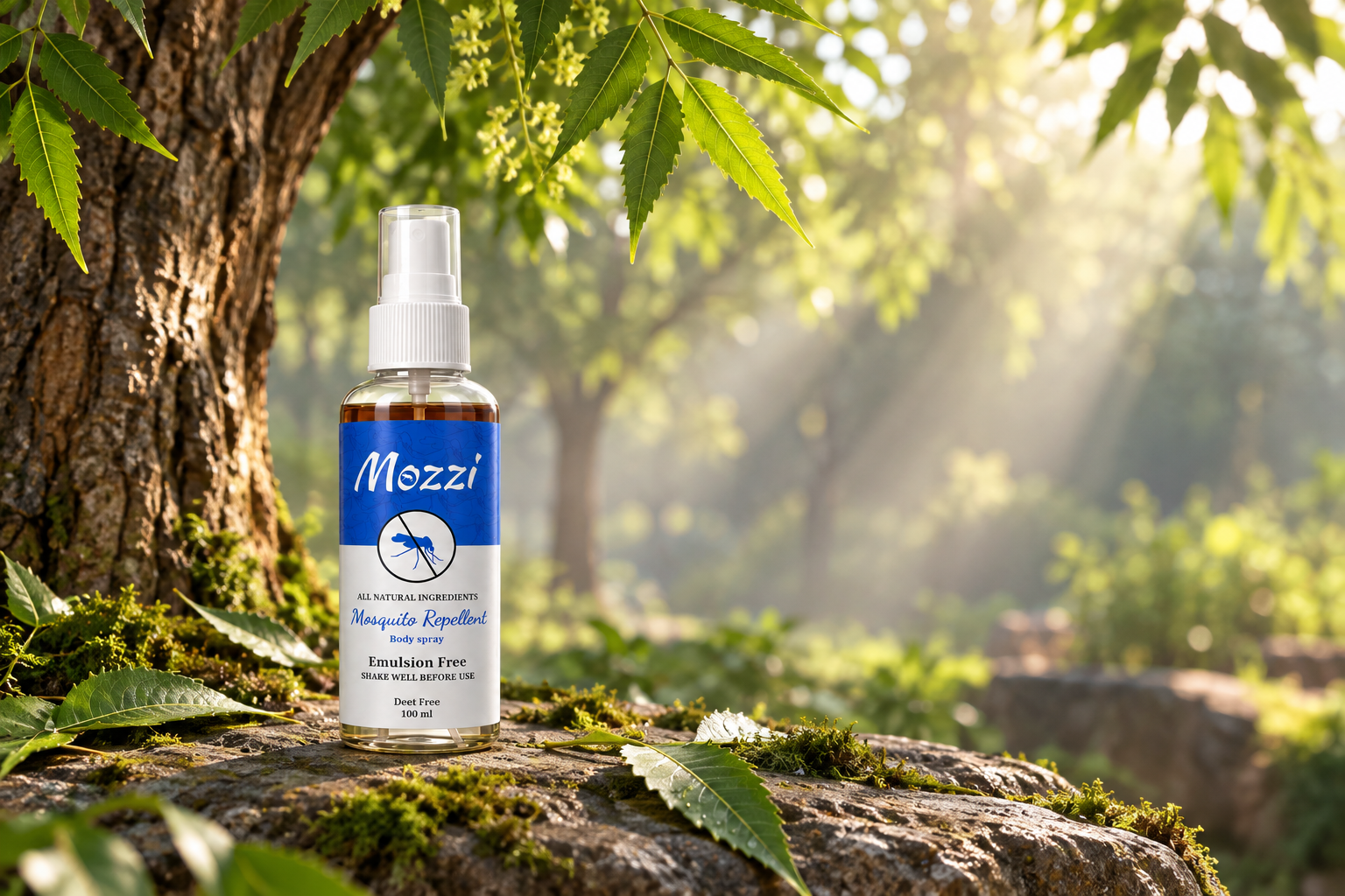 MOZZI bottle in its original blue packaging beneath a neem tree