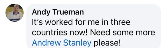 Review from Andy Trueman: It’s worked for me in three countries now! Need some more Andrew Stanley please!